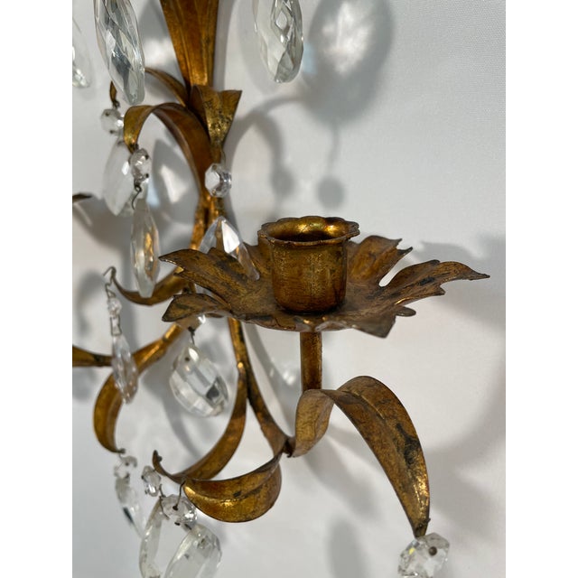 Gold Vintage Mid Century 19" Italian Gilded Tole and Crystals Candle Sconces - A Pair For Sale - Image 8 of 18