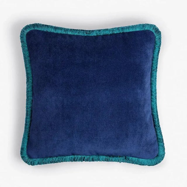 Contemporary Happy Pillow in Blue Night and Teal from Lo Decor For Sale - Image 3 of 3