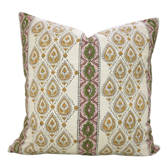 Fabdivine Paan Patti Border Decorative Pillow Cover 14x20 Inch Linen Blend Block Print Cushion For Sale