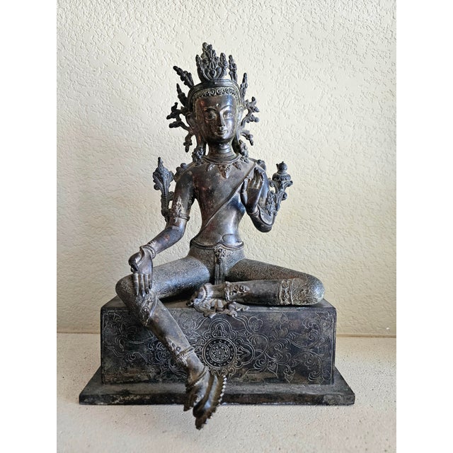 Asian Antique 19th Century Nepalese Bronze Green Tara Seated Bodhisattva, 13.25” Pedestal Base For Sale - Image 3 of 12