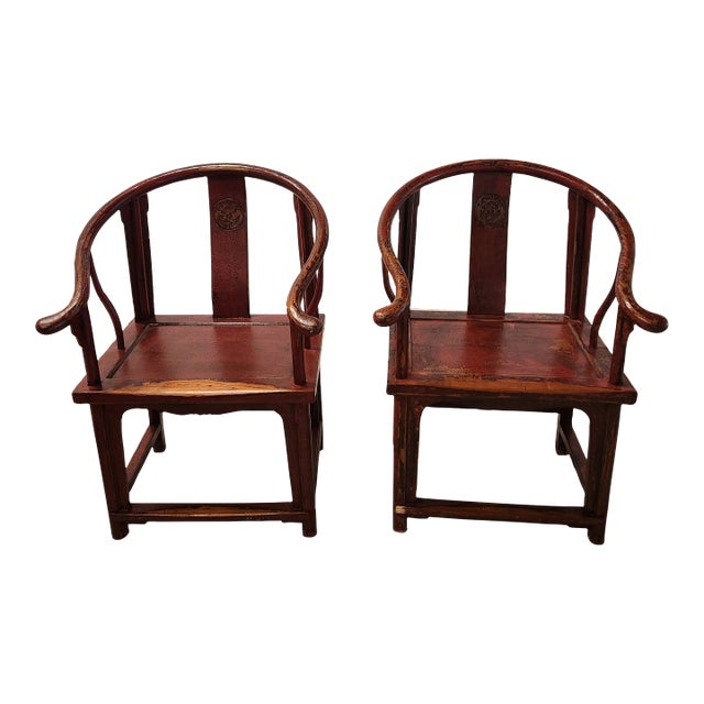 Early 1900s Wonderful Pair of Chinese Red Ming Horseshoe Chairs - a Pair For Sale