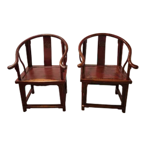 Early 1900s Wonderful Pair of Chinese Red Ming Horseshoe Chairs - a Pair