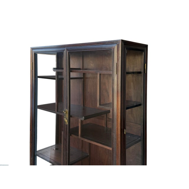 Vintage Dark Brown Oriental Treasure Glass Doors Display Curio Stack Cabinet For Sale - Image 9 of 12