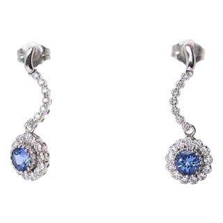 Mid 20th Century Pair of Diamond & Sapphire 14k White Gold Dangle Earrings For Sale