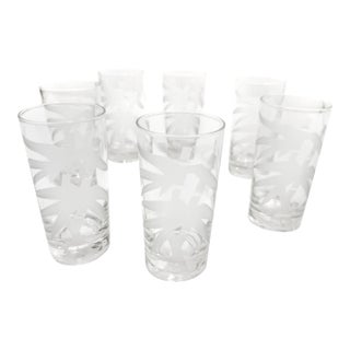 Vintage Mid Century Modern Federal Glass Frosted and Etched Bamboo Cocktail Barware Highball Glasses – Set of 8 For Sale