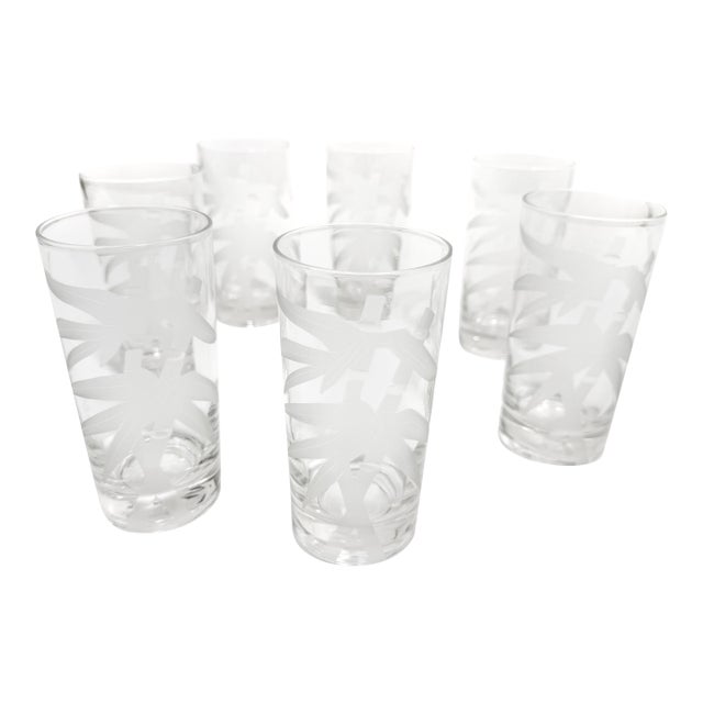 Vintage Mid Century Modern Federal Glass Frosted and Etched Bamboo Cocktail Barware Highball Glasses – Set of 8 For Sale