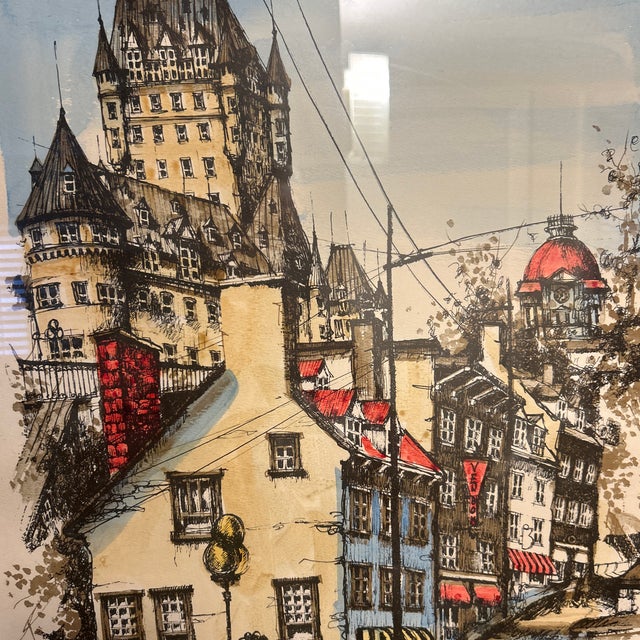 1970s 1970s Mid-Century Modern Hand-Tinted Lithograph of Old Quebec by Nikola-Château Frontenac View 22x 14 Original Oak Frame For Sale - Image 5 of 12