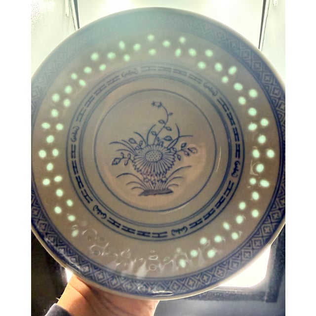 Jingdezhen Rice Eye Grain 8" Rimmed Bowls Blue & White Chrysanthemum 4pc Set For Sale - Image 4 of 7