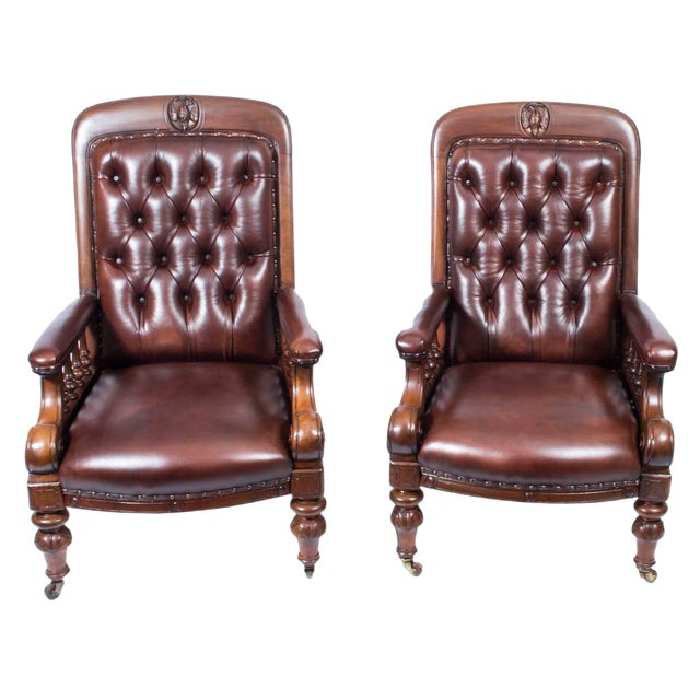 Set of 19th Century Victorian English Leather Armchairs For Sale