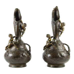 Pair of Late 19th-Century Art Nouveau Patinated Bronze Vases With Children Fishing by Austrian Author Ignar Mansch, France