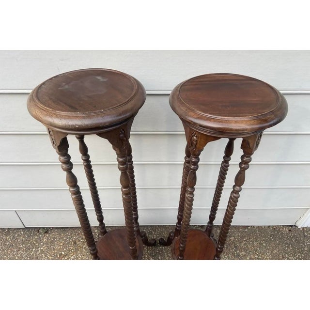 Early 20th Century Victorian Carved Mahogany or Walnut Plant Pedestal Stands Display Columns Torchieres With Turned Legs, a Pair For Sale - Image 6 of 8