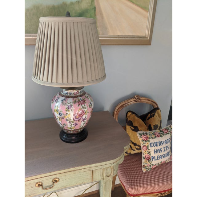 Vintage Pink Chintz Ceramic Table Lamp With Pleated Lampshade For Sale - Image 15 of 15