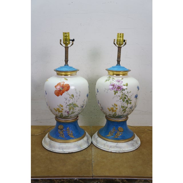 2 Antique French Floral Painted Butterfly Ginger Jar Mantel Urn Lamps Pair 34" For Sale - Image 4 of 18