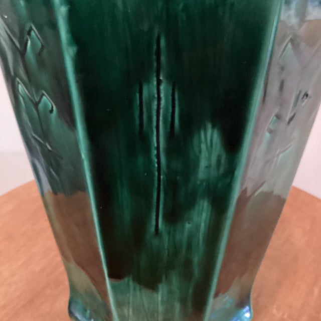 Rare Vintage Emerald Green Ceramic Vase W/Etched Design and Geometric Runes Symbols Signed Circa 1961 For Sale In Chicago - Image 6 of 12