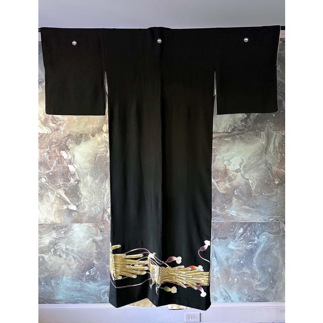 Mid-Century Modern Vintage Japanese Formal Black Silk Kimono with Pheonix Embroidery For Sale - Image 3 of 18