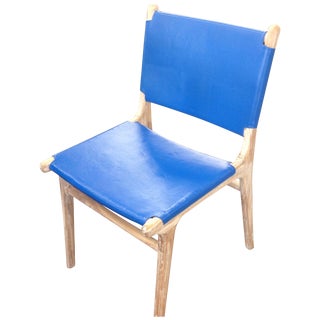 Teak Chair with Blue Leather For Sale