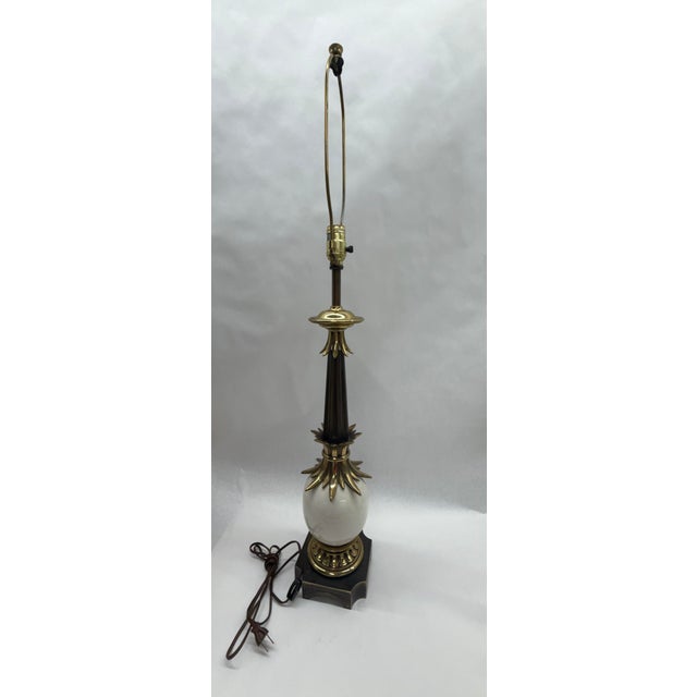 1960s Vintage Signed Stiffel Neoclassical Brass and White Enamel Column Table Lamp For Sale - Image 5 of 11