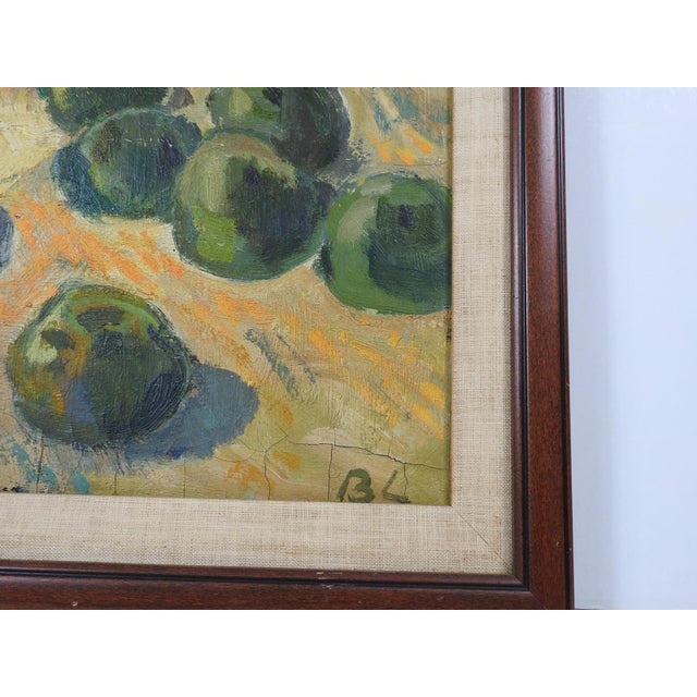 Early 20th century oil on panel impressionist green apple still life painting by Bernard Lamotte (1903 – 1983) France/New...