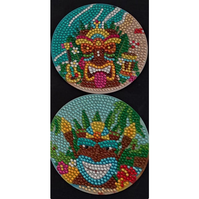 Turquoise Set of 6 Vintage Tiki Rhinestone Coasters | Palm Springs Poolside Barware | Tropical Island Cocktail Coasters For Sale - Image 8 of 9