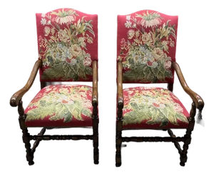 Late 20th Century Handwoven Floral Aubusson Arm Chairs - Set of 2