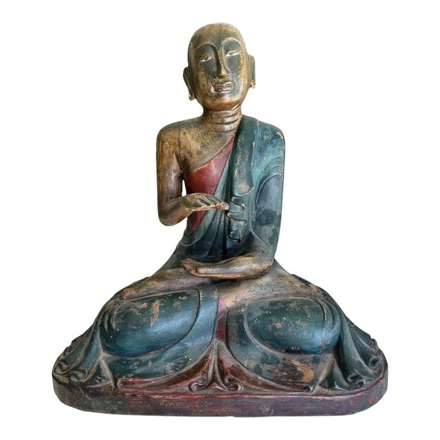 Antique Burmese Buddhist Monk Polychrome Wood Carving Statue For Sale