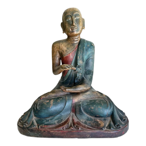 Antique Burmese Buddhist Monk Polychrome Wood Carving Statue