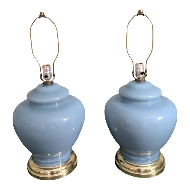 Vintage Powder Blue Ginger Jar Table Lamps, Pair of 2 With Brass-Tone Bases For Sale