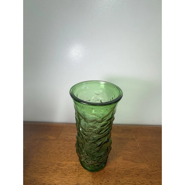 Vintage Green Art Glass Vase Textured Bark Avocado Retro Mid Century Decor For Sale - Image 4 of 8