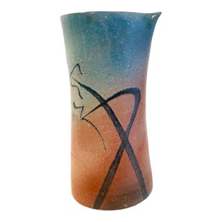 Vintage 1990s Studio Pottery Vase / Pitcher Dusty Rose Pink Blue PostModern Signed Dennis For Sale