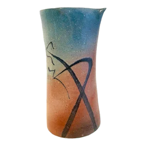 Vintage 1990s Studio Pottery Vase / Pitcher Dusty Rose Pink Blue PostModern Signed Dennis
