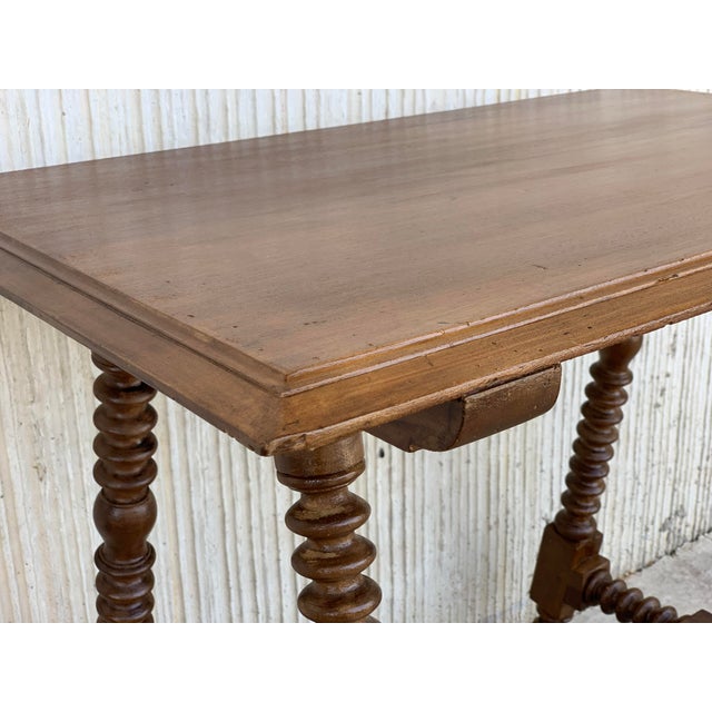 19th Spanish Baroque Side Table With Wood Stretcher and Carved Top in Walnut For Sale In Miami - Image 6 of 13