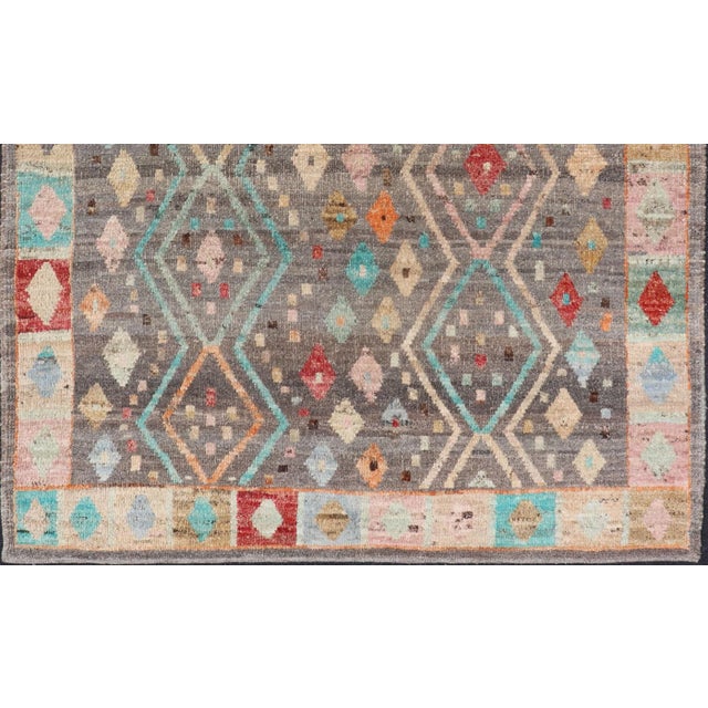 Mid 20th Century Modern Diamonds and Tribal Design Rug in Gray Background and Vivid Colors For Sale - Image 10 of 12