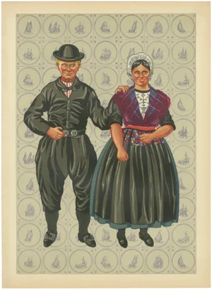 Gratiane de Gardilanne and Elizabeth Whitney Moffatt, Dutch Man and Woman of Urk in Sunday Dress with Broad Hats, 1932, Print