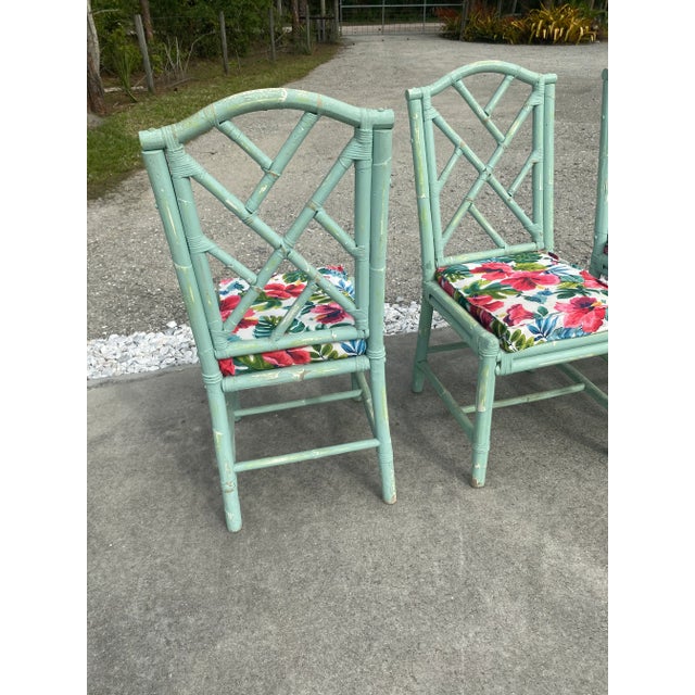 Mid-Century Coastal Boho Distressed Aqua Rattan Chippendale Dining Chairs- Set of 4 For Sale - Image 4 of 13