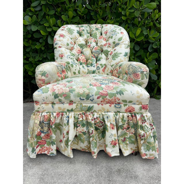 Textile Vintage Hickory Chair Tufted Lounge Chair on Casters in Botanical Print For Sale - Image 7 of 17