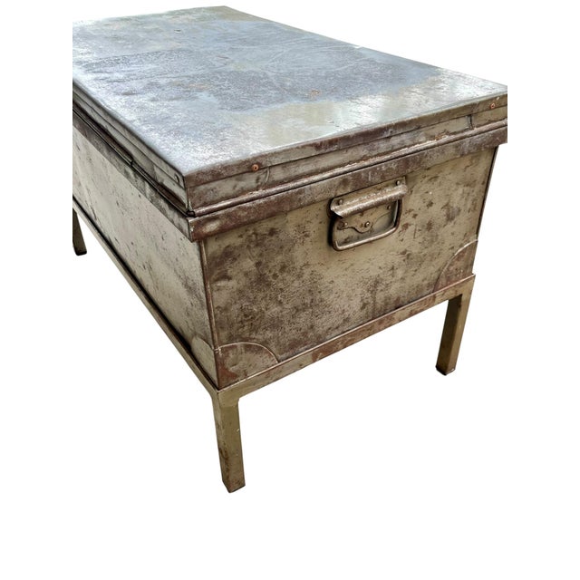 Early 20th Century Industrial Metal Trunk Chest on Stand With Patina Finish For Sale - Image 9 of 18