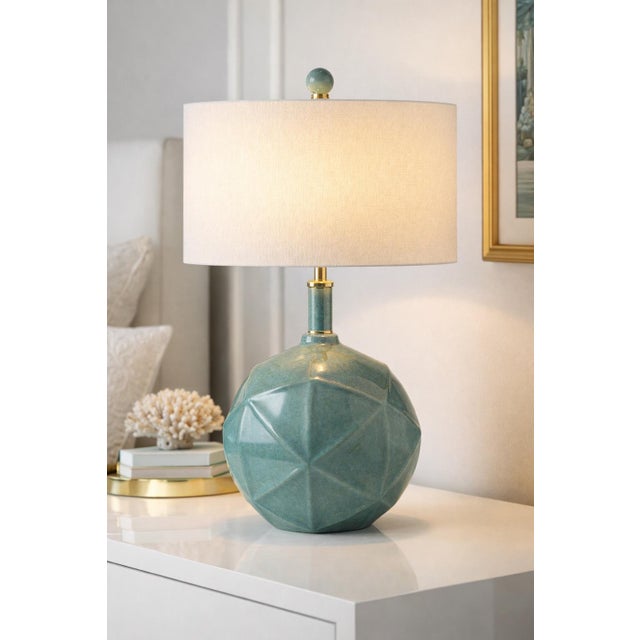 Coastal Modern Faceted Ceramic Table Lamp in Sea Glass Glaze With Brass Accents For Sale In Los Angeles - Image 6 of 7