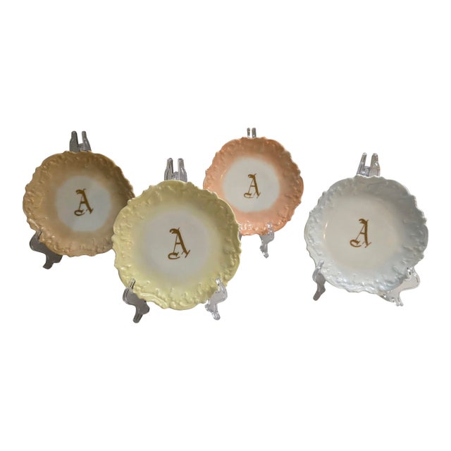 Antique Coiffe & Cie Limoges Porcelain Monogrammed Cabinet Plates -Set/4 For Sale