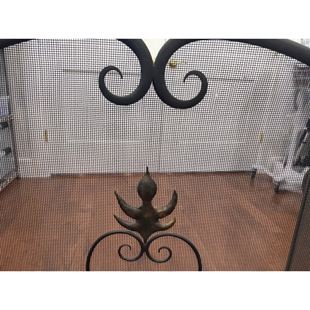 Vintage Hand-Forged Wrought Iron Fireplace Hearth Set: Contemporary 3-Piece Screen & Pair of Andirons For Sale - Image 4 of 12
