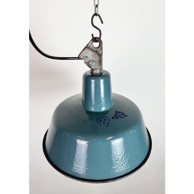 Green Industrial Petrol Enamel Factory Lamp with Cast Iron Top, 1960s For Sale - Image 8 of 18
