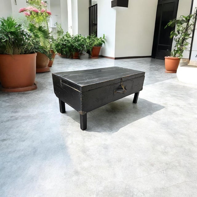 Antique Rustic Black Painted Wood Tool Storage Bench Coffee Table For Sale - Image 10 of 13