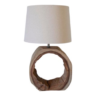 Rustic Teak Wood Table Lamp, Vintage Circular Design For Sale