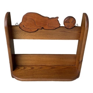 Vintage Late 20th Century Solid Oak Cat Wall Shelf For Sale