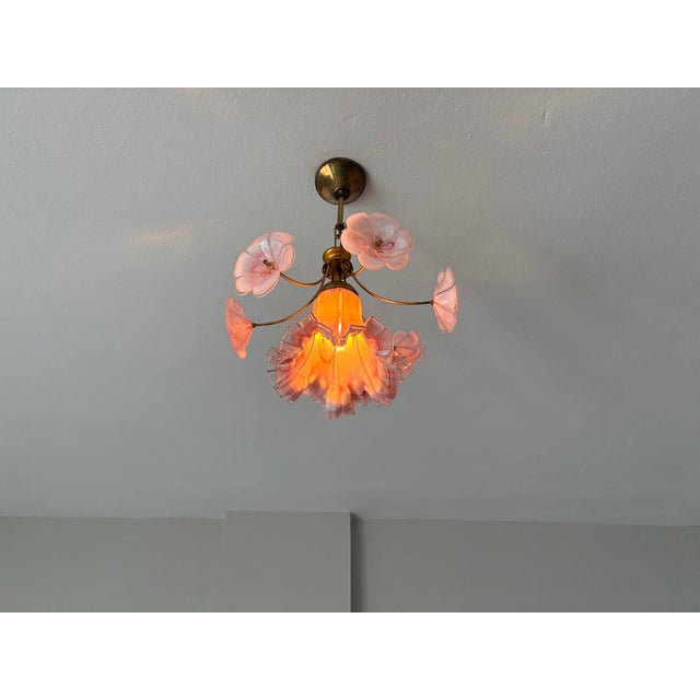 Vintage Murano Glass Ruffled Floral Pendant Light – Pink Swirl & Daisy Shades For Sale - Image 9 of 18