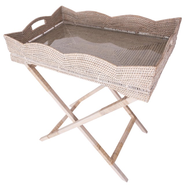 Coastal Artifacts Rattan Scallop Design Butler Tray with Wooden Legs Glass Insert, White Wash For Sale - Image 3 of 5