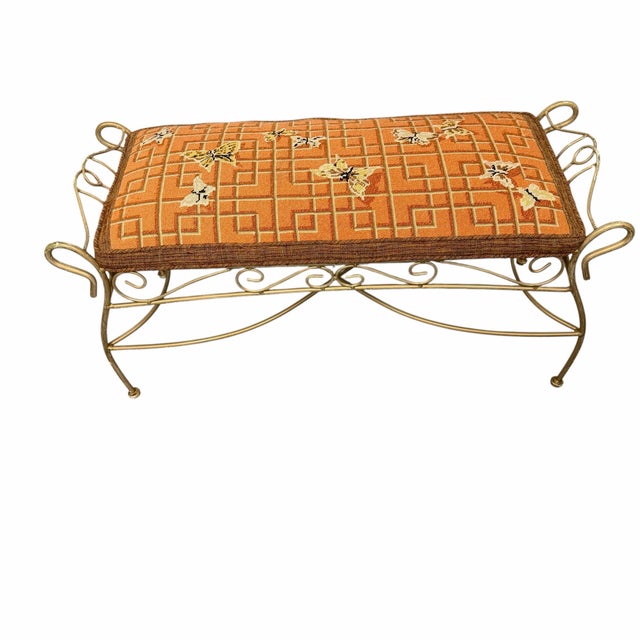 Vintage One of a Kind Needlepoint Butterflies in Lattice Iron Frame Bench For Sale - Image 4 of 12