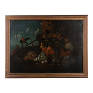 19th Century Italian Still Life Oil on Canvas Painting With Fruits and Bird For Sale