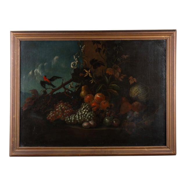 19th Century Italian Still Life Oil on Canvas Painting With Fruits and Bird For Sale