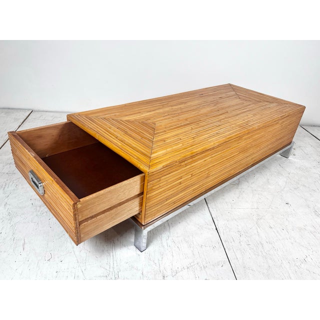 Late 20th Century Vintage Milo Baughman Style Split Reed Rattan Bamboo Chrome Coffee Table For Sale - Image 5 of 12