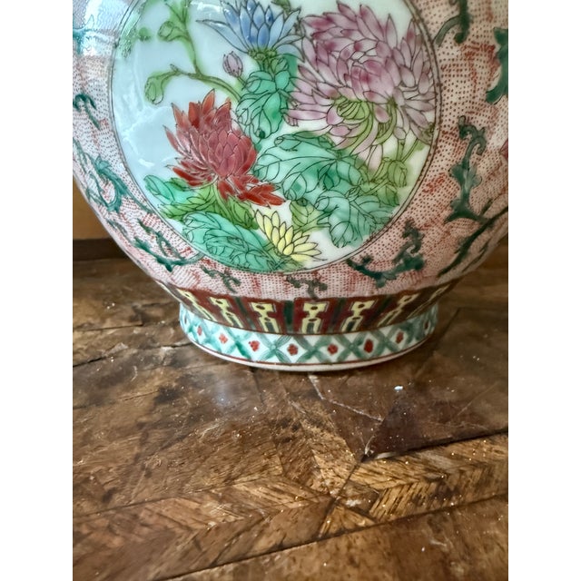 1940s Chinese Famille Rose Porcelain Vase Circa 1940–1960 Hand Painted Floral Chinoiserie Qianlong Mark 14.5 Inch For Sale - Image 5 of 12